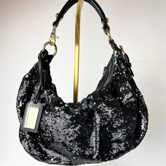 Badgley Mischka Black/Silver Sequin Hobo Bag Gold Hardware - Picture 1 of 9